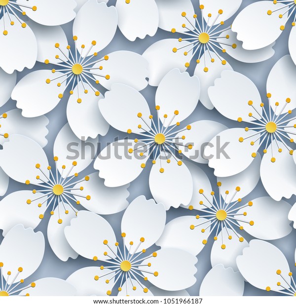 Beautiful modern elegant background seamless pattern, decorative white 3d sakura flower, japanese cherry tree blossom cut paper. Floral stylish trendy wallpaper. Graphic design vector