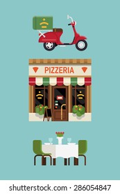 Beautiful modern flat design vector items on pizzeria restaurant with delivery service scooter, facade and served table for two. Ideal for restaurant business infographics