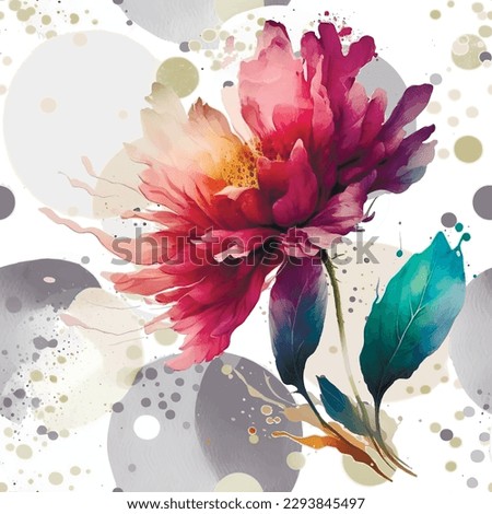 Beautiful Modern Hand Drawn Watercolor Aster Flowers Seamless Pattern. Colorful Dirty Spotted Watercolor Aquarelle Vector Background Illustration. Blossom Painted Aster Flowers, Leaves. Trendy Design.