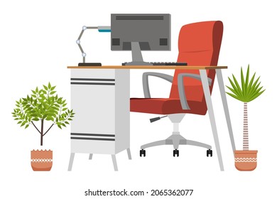 Beautiful modern home office desk with chair table and drawer and table lamp with house plants isolated