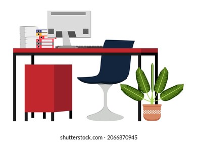 Beautiful modern home office freelancer desk with chair table and pc computer and with some paper pile folders and house plant
