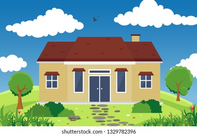 Beautiful Modern House Exterior Facade Yard Residential Illustration