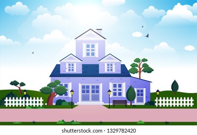 Beautiful Modern House Exterior Facade Yard Residential Illustration