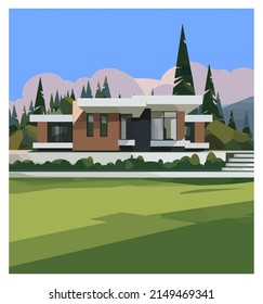 Beautiful modern house exterior, front view, minimalistic architecture design. Luxury villa exterior, country cottage, family home, real estate. Smart house concept. Flat style, vector illustration