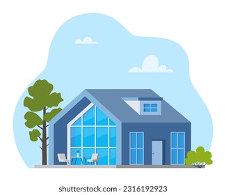 Beautiful modern house exterior, front view, minimalistic architecture design. Luxury villa exterior, country cottage, family home, real estate. Smart house concept. Flat style, vector illustration