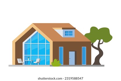 Beautiful modern house exterior, front view, minimalistic architecture design. Luxury villa exterior, country cottage, family home, real estate. Smart house concept. Flat style, vector illustration