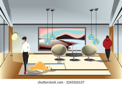 A beautiful modern interior of the living room with modern round armchairs and table, pendant lamps, big picture on the wall, big geometric carpet, people and a dog laying on the floor.
