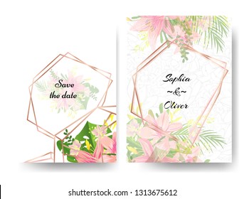 Beautiful modern invitation wedding template with gold frames and liliya. Template gift card