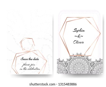 Beautiful modern invitation wedding template with gold frames and white and black mandala.