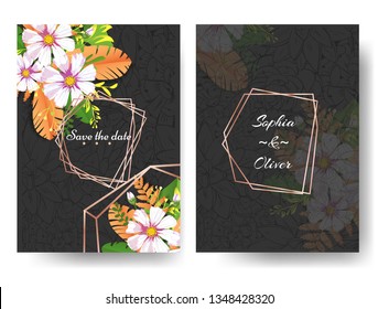 Beautiful modern invitation wedding template with gold frames and succulents on black background