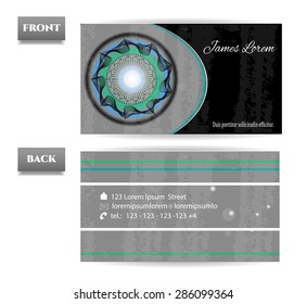 Beautiful, modern, isolated, business card - front, back with pattern, colors - black, green, blue, round shape - eye, text, grunge, white background