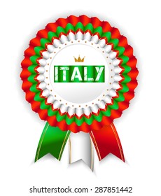 Beautiful, modern, isolated ribbon, rosette, badge, award, medal, label, sticker, colors white, green, red - national colors of Italy, golden shapes - stars, crown, pattern, white background