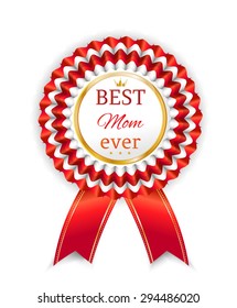 Beautiful, modern, isolated ribbon, rosette, badge, award, medal, label, sticker, colors white, blue, golden shapes - stars and crown, shadows, pattern, text Best Dad Ever, white background