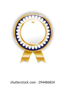 Beautiful, modern, isolated ribbon, rosette, badge, award, medal, label, sticker for diploma, flyer, certificate, web page, colors white, blue, golden shapes - stars and crown, white background