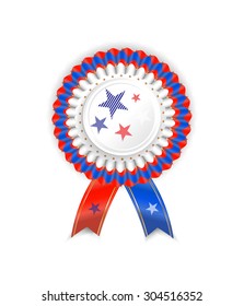 Beautiful, modern, isolated ribbon, rosette, badge, award, medal, label, sticker, colors white, blue, red, striped stars, white background