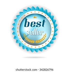 Beautiful, modern, isolated ribbon, rosette, badge, award, medal, label, sticker, colors white, blue, golden shapes - stars, leaves, crown, text Best Seller, white background