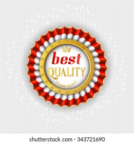 Beautiful, modern, isolated rosette, badge, award, medal, label, sticker, colors white, red, golden crown and twigs, text Best Quality, bright background