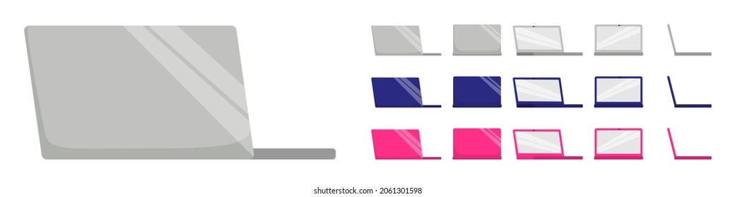 Beautiful modern Laptop pc with different position for home and office isolated on white background with different view