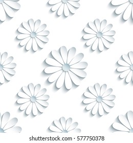 Beautiful modern light background seamless pattern with white 3d flower chamomile cutting paper. Floral trendy creative wallpaper. Stylish nature backdrop. Vector illustration