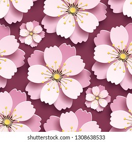 Beautiful modern maroon background seamless pattern, decorative white, pink 3d sakura flower, japanese cherry tree blossom cut paper. Floral trendy stylish wallpaper. Graphic design, vector