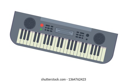 Beautiful modern musical synthesizer with lot of different keys and functions. Electronic piano. Traditional musical instrument for holidays, carnivals, fun events. Vector illustration isolated.