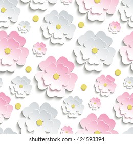 Beautiful modern nature background seamless pattern with pink and white stylized 3d flower sakura - japanese cherry tree cutting paper. Floral stylish trendy wallpaper. Vector illustration