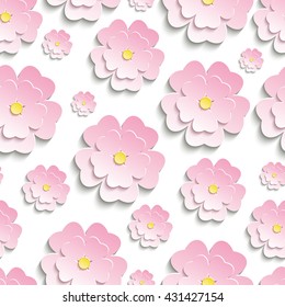 Beautiful modern nature background seamless pattern with pink stylized 3d flower sakura - japanese cherry tree cutting paper. 