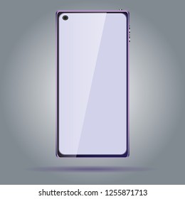 Beautiful modern new smart frameless mobile phone, touchscreen smartphone and selfie camera on the screen. Vector illustration.