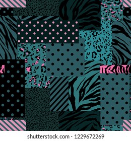 Schöne, moderne Fliesen-Collage Tierhaut gemischt mit geometrischen Mustern, Polka-Punkten und Streifen in nahtloser Vektordesign für Mode, Stoff , Tapeten und alle Drucke auf stylisch grün