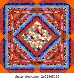 Beautiful modern patchwork pattern with multicolor stripes and large patch with abstract ornament of motley triangles. Boho print for tablecloth, bandana, carpet, napkin.