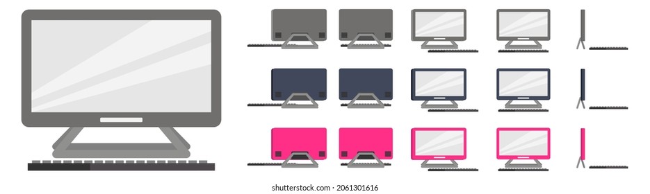 Beautiful modern pc monitor with different position for home and office isolated colorful