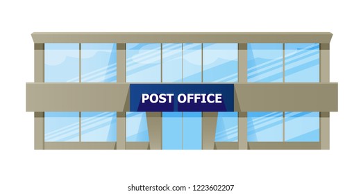 Beautiful modern post office building. Exterior of the facade of the city post office, delivery service, service of receiving and sending letters and parcels. Vector illustration isolated.