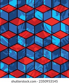 Beautiful modern red and blue cube grid with water color effect seamless pattern