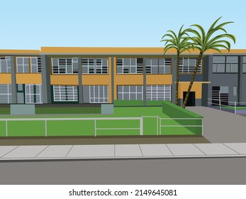 A beautiful and modern school building with a green lawn, palm tree,  sky and road.School building vector illustration landscape