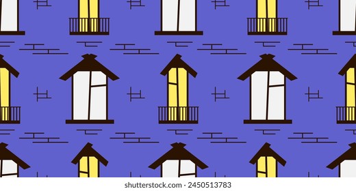 Hermoso patrón de color moderno sin costuras en estilo de dibujos animados con ventanas de la casa en patrón de tablero de ajedrez. Textiles interminables, textura de impresión, Fondos de pantalla