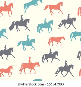 Beautiful modern seamless pattern with different horse silhouettes. Perfect background with elegant animals drawn in grey, red and blue colors.