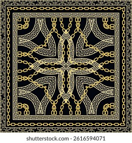 Beautiful modern seamless pattern, vector scarf design with gold chains, frames, borders and Greek key patterns on black background. Perfect for fashion accessories, fabric, textile and luxury decor.