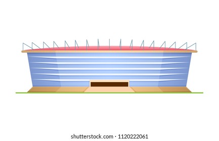 Beautiful Modern Sports Stadium For Football Championship, Sports Arena. Exterior Of The Football Stadium, Side View. Open Field With Stands And Awning. Vector Illustration.