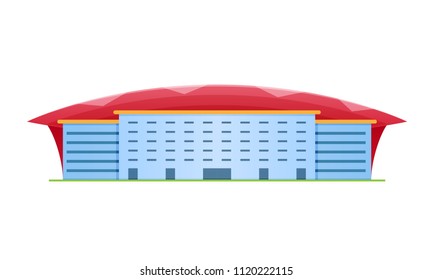 Beautiful modern sports stadium for football championship, sports arena. Exterior of football stadium, side view. The covered field with stands and a canopy. Vector illustration.