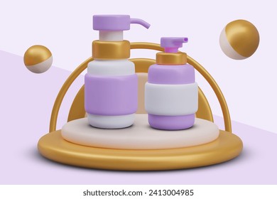 Beautiful modern stage with cosmetic bottles for females. Cream and shower gel in bottles with dispensers in purple and white colors. Vector illustration in 3d style