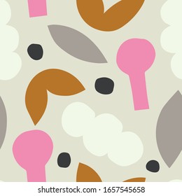 Beautiful modern texture with Fun Playful Shapes. Vector seamless pattern with different Cut Out shapes. Modern Folk art style background.