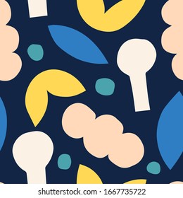 Beautiful modern texture with Fun Playful Shapes. Vector seamless pattern with different Cut Out shapes. Modern Folk art style background.