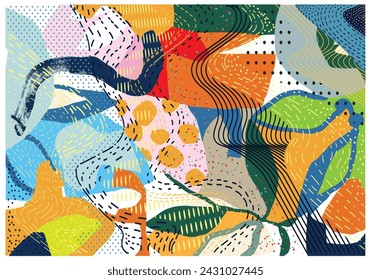 Beautiful Modern tropical floral pattern, Colorful abstract contemporary seamless background placement, Hand drawn unique artwork bold waves line and doted textured overprint for textile, wallpaper.
