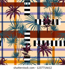 Beautiful modern tropical palm trees and leaves mixed with geometric stripe modern line seamless pattern on vector design for fashion,fabric,wallpaper, and all prints on light beige background color