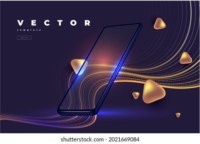 Beautiful modern vector design with golden thin wavy lines and smartphone and flying rounded shapes on the black background