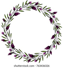 Beautiful modern vector floral round frame. Abstract lavender flowers on a white background. Design for textiles, cards, wrapping paper, bags, t-shirts and cards.