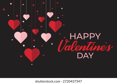 Hermosa Ilustración vectorial moderna con corazones de papel colgantes rojos y rosados con letras elegantes "Feliz Día de San Valentín" sobre un fondo negro oscuro. Perfecto para tarjetas de felicitación de San Valentín, Anuncios románticos, carteles, publicaciones en redes sociales, invitaciones, Fondos de pantalla y diseños con temas de amor. Diseño plano de alta calidad con Elementos decorativos como puntos de confeti para una sensación romántica festiva.