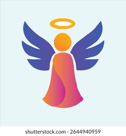 A beautiful and modern vector illustration of a stylized angel. This design features a minimalist figure with elegant wings and a halo, created with a vibrant and smooth color gradient of purple, pink