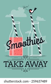 Beautiful modern vector printable or web banner template on take away smoothies and organic drinks with glass bottles and drinking straws, lettering and clouds 