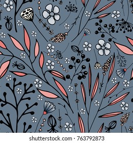 Beautiful modern vector seamless pattern. Various buds, flowers, branches and leaves on a dark blue background. Design for textiles, cards, wrapping paper, bags, t-shirts and cards.